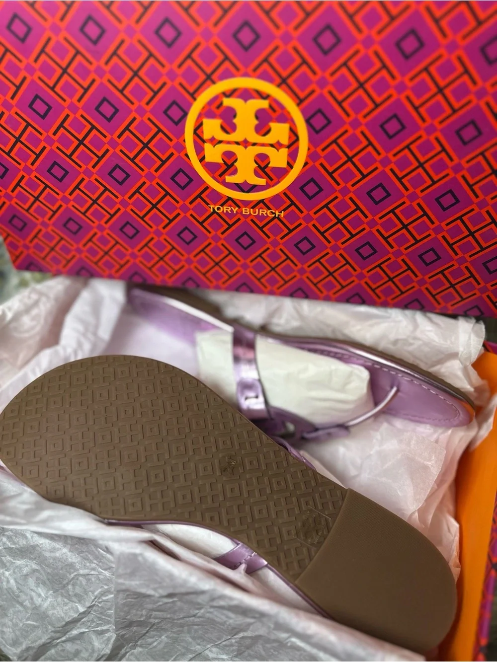 Tory Burch Miller sandals Metallic Purple Leather Thong Sandals with Logo Cutout